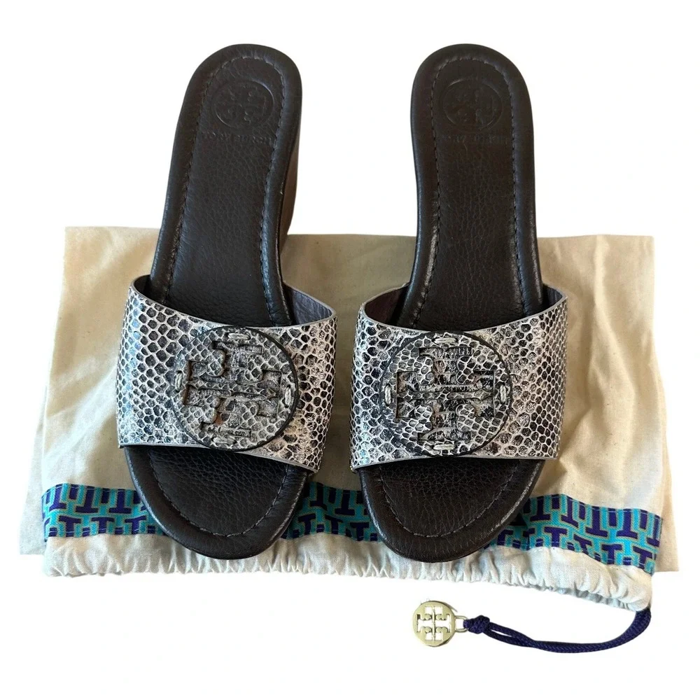 Tory Burch Robinson Snake Embossed Wedge Slides Sandals Sz 7.5 Dust Bag